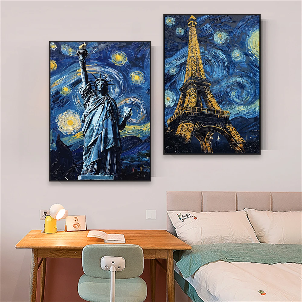 Starry Night Van Gogh Altered Poster Statue of Liberty Print Oil Painting Eiffel Tower Wall Art Funny Canvas Painting Decor