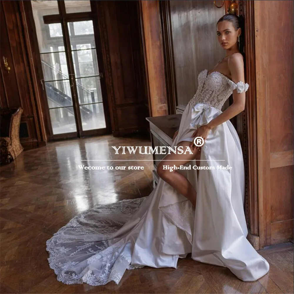 Elegant Off Shoulder Satin A Line Wedding Dress Sparkly Beaded Appliques Bridal Gowns Customized Illusion Back vestido femininos