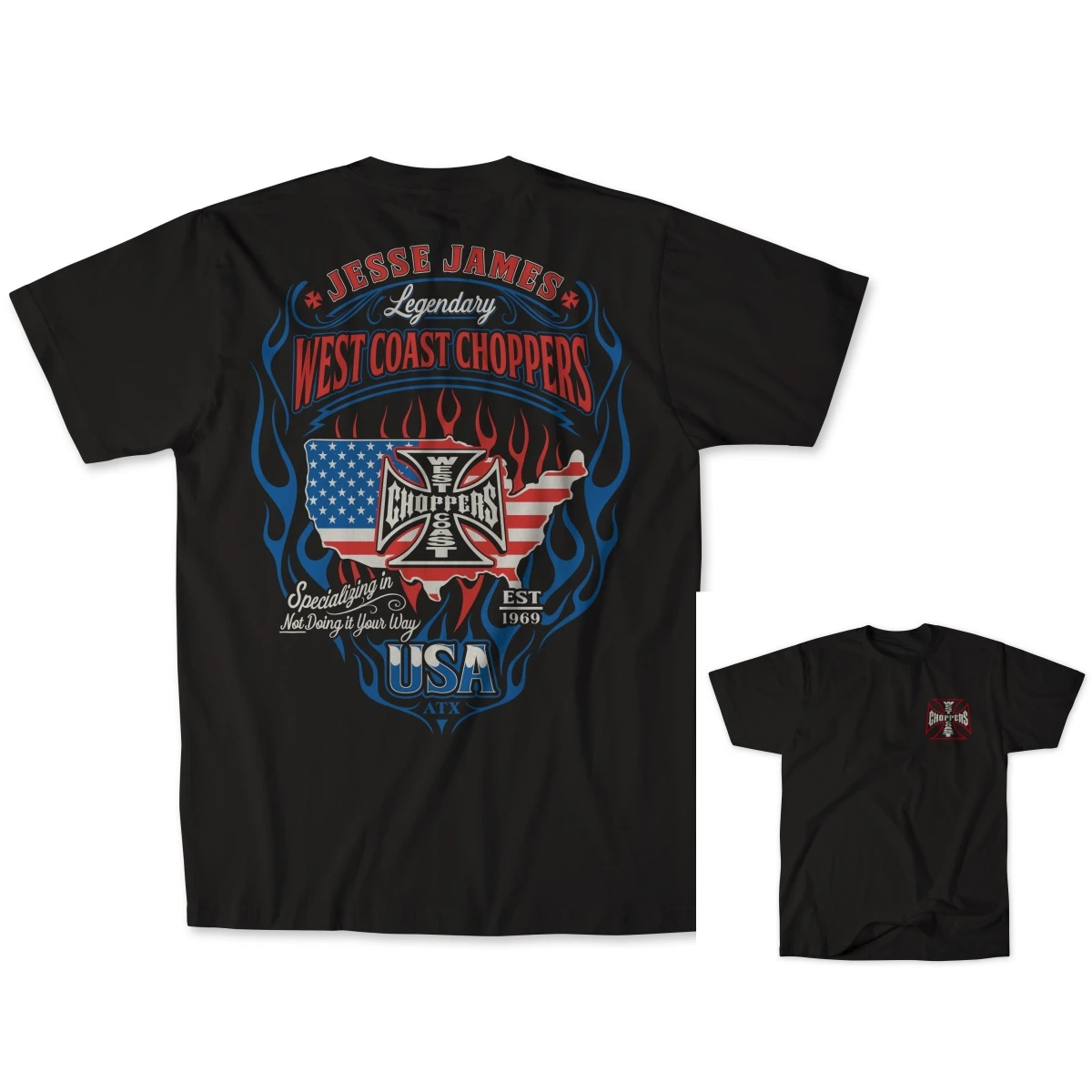 USA Flag Flame Biker WCC West Coast Choppers Retro Motorcycle Brand Graphic Tee Cotton Mens Womens T-Shirt Streetwear
