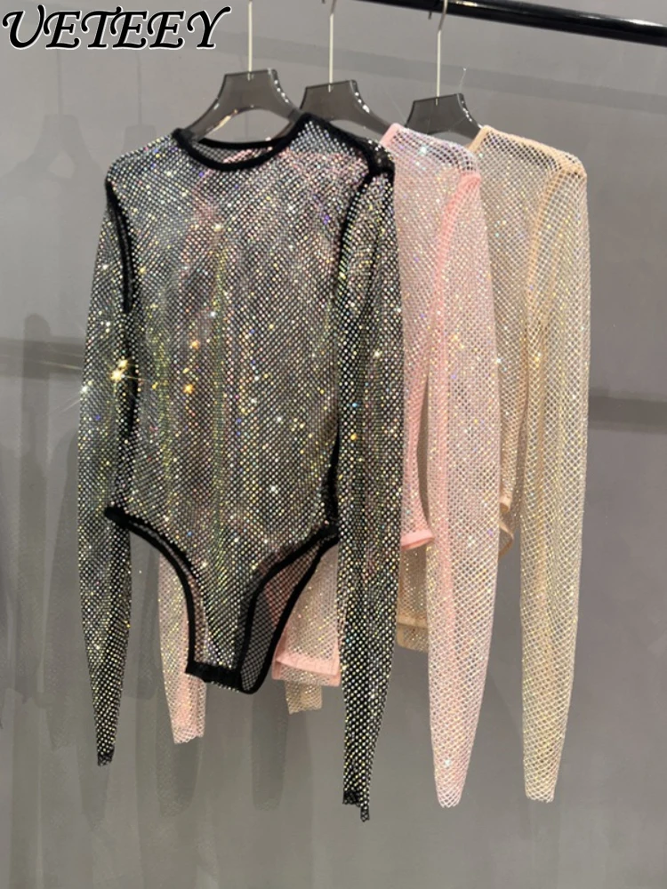 Tuta a rete con strass lucidi maglia trasparente moda Sexy tuta da salto donna discoteca Cocktail Party pagliaccetti abbigliamento