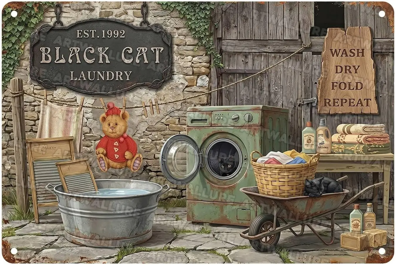 Placa de Metal para Lavanderia com Gato Preto, Placa de Lata Engraçada para Lavanderia, Banheiro, Quintal Externo, Arte de Parede para Amantes de Gatos
