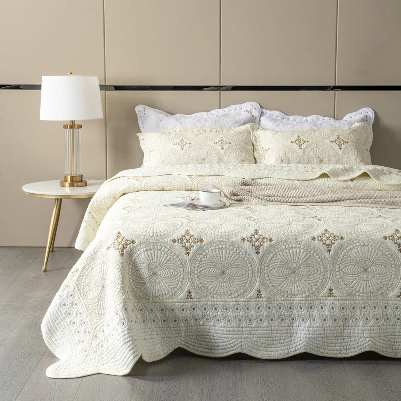 

Gold Embroidery Cotton Bohemia Bedspreads Quilt Set 3PCS Coverlet Solid Embroidered Bed Cover Set With Pillowcase Summer Blanket