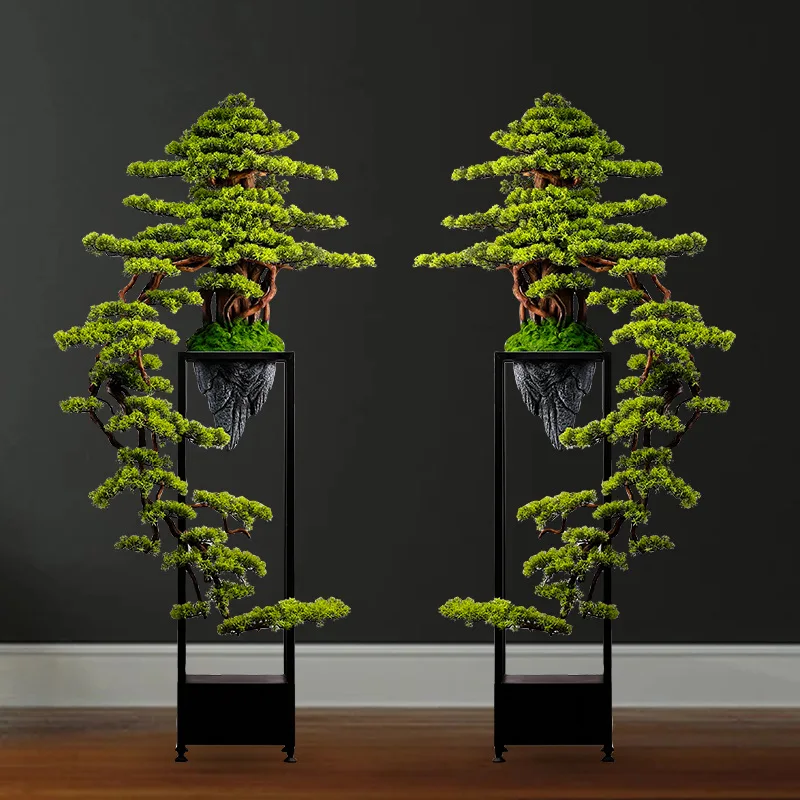 zv-Chinese simulation solid wood welcome pine lucky green plant living room fake tree landing club large opening gift ornament*