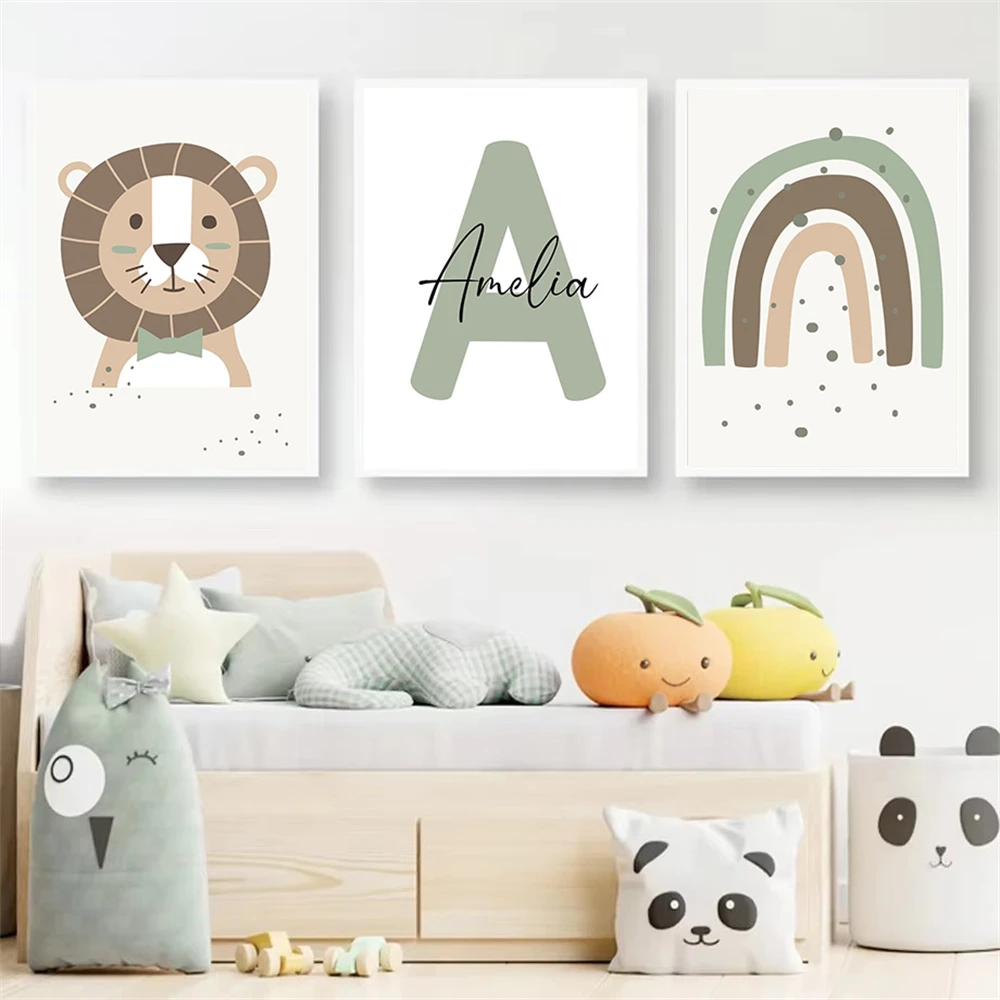 Lion Canvas Print Custom Name Wall Poster Rainbow Art Painting Cartoon Sage Green Nursery Wall Art Picture Baby Kids Room Decor