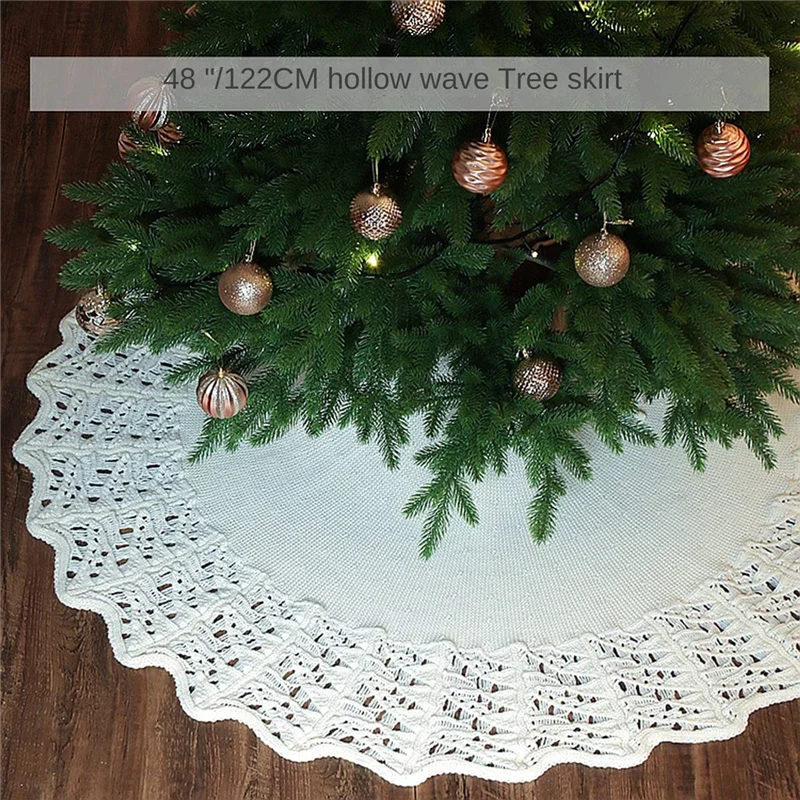 48 Inch Knitted Christmas Tree Skirt with Wavy Edges Large Round for Xmas Holiday Party Decorations Grey