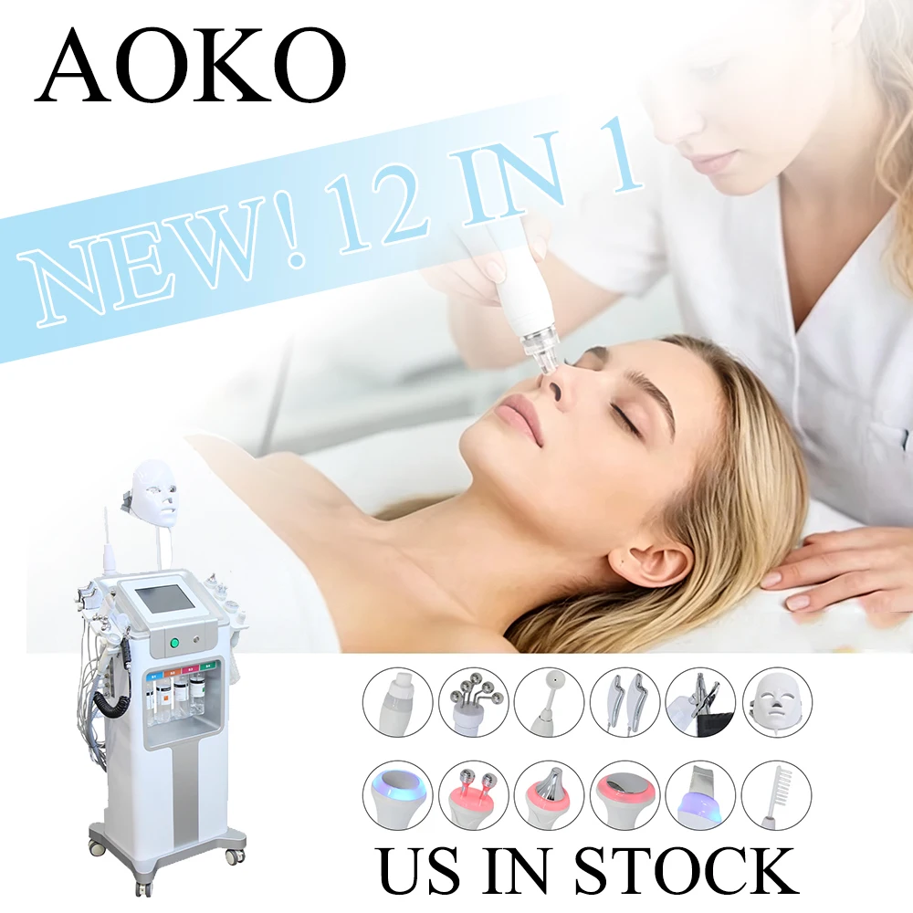 AOKO New Arrival Facial Cleansing Machine Skin Care Auqa Jet Peeling Water Oxygen Hydrogen 12 in 1 Hydra Machine For Home Use