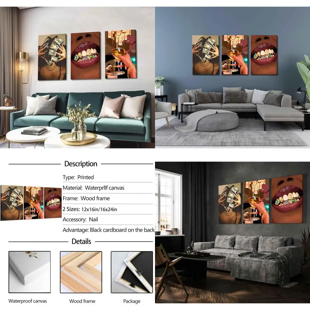 فن جداري عصري فاخر للفتيات مكون من 3 قطع - مطبوعات قماشية للنساء الأفريقيات الأمريكية لديكور المنزل، مقاس 16 × 24 بوصة #1