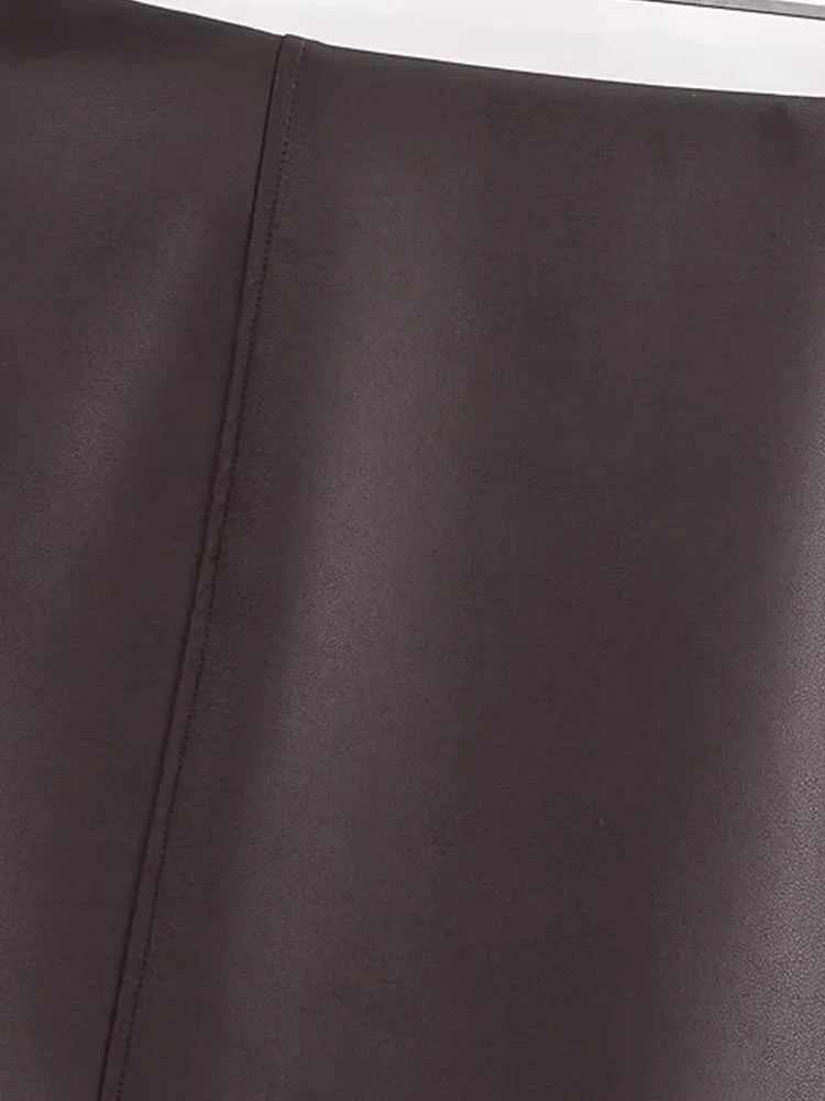 Falda de cuero marrón para mujer, minifaldas de oficina para mujer, falda acampanada, cintura alta, a la moda, invierno, otoño, 2025
