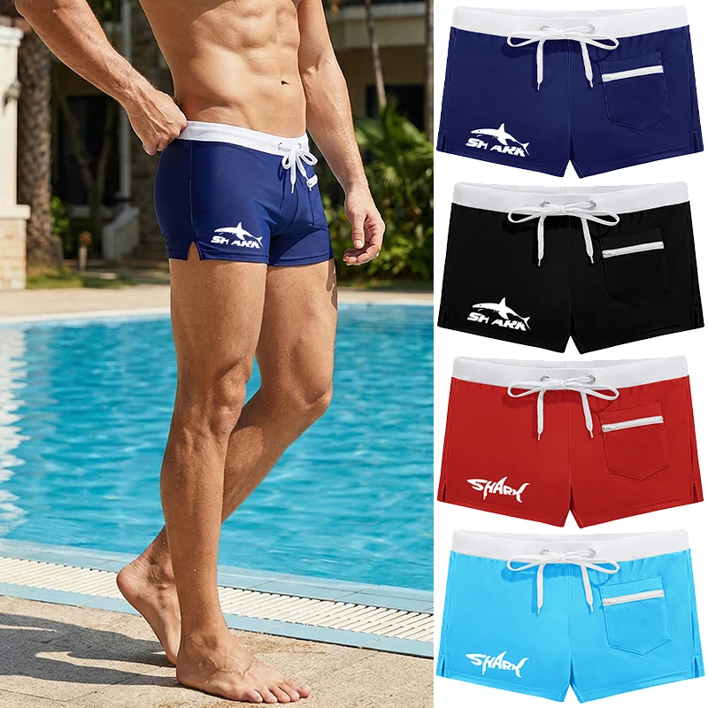 Herren-Badehose mit Hai-Grafikdruck, Netzfutter und Reißverschlusstasche, Sommer, schnell trocknend, dehnbare Badeshorts, Badeanzug, Badebekleidung