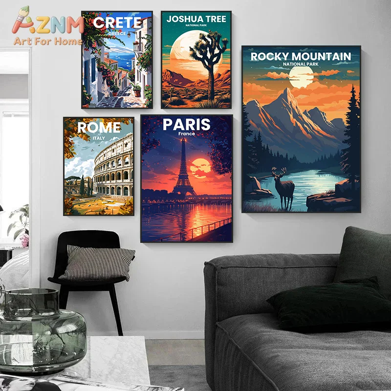 AZNM Santorini Greece Retro Travel Canvas Wall Art, Vintage Mediterranean Island Cityscape Print Poster, Unframed Modern Europea