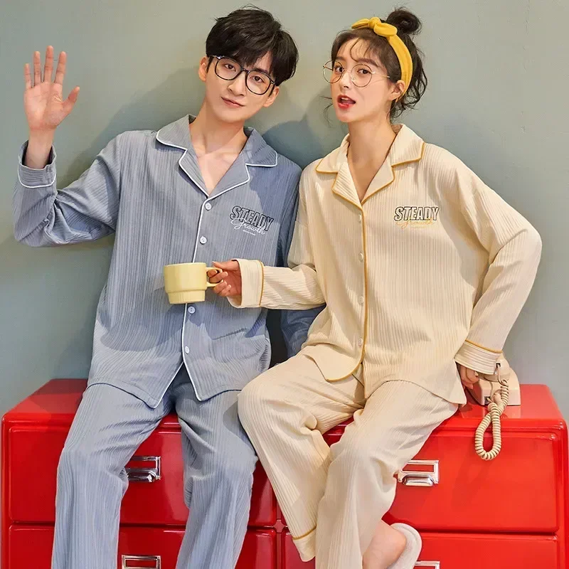 Set Donna Coppia Per Il Tempo Libero Pigiama di Cotone Autunno Per La Primavera Degli Uomini Degli Indumenti Da Notte Moda Pigiama Nuovo Ins Kinitted Pjs Set