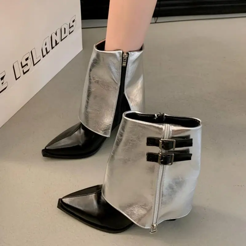 Fashion Metal Buckle Mix Color Ankle Boots Women 2025 Autumn Sexy Pointed Toe Medium Heel Modern Boots Y2K Silver Designer Shoes