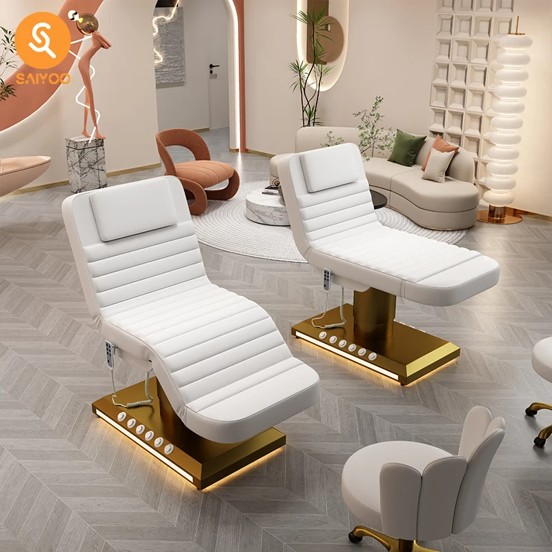 Lettino elettrico per massaggio facciale bianco con set completo di mobili da salone in vendita
