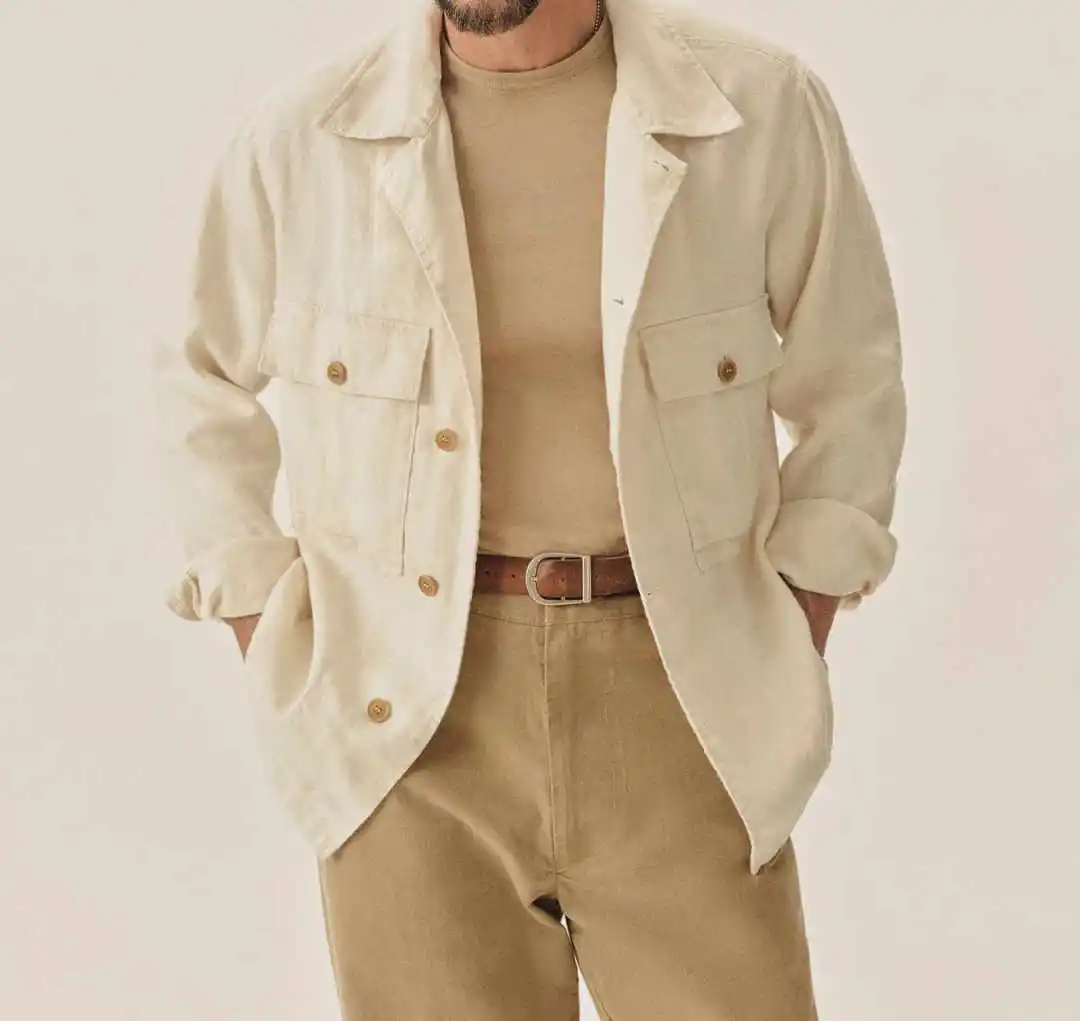 Vintage Linen Men Jacket Casual Shirt Collar Utility Overshirt Lightweight Summer Coat Beige Custom Made M263991