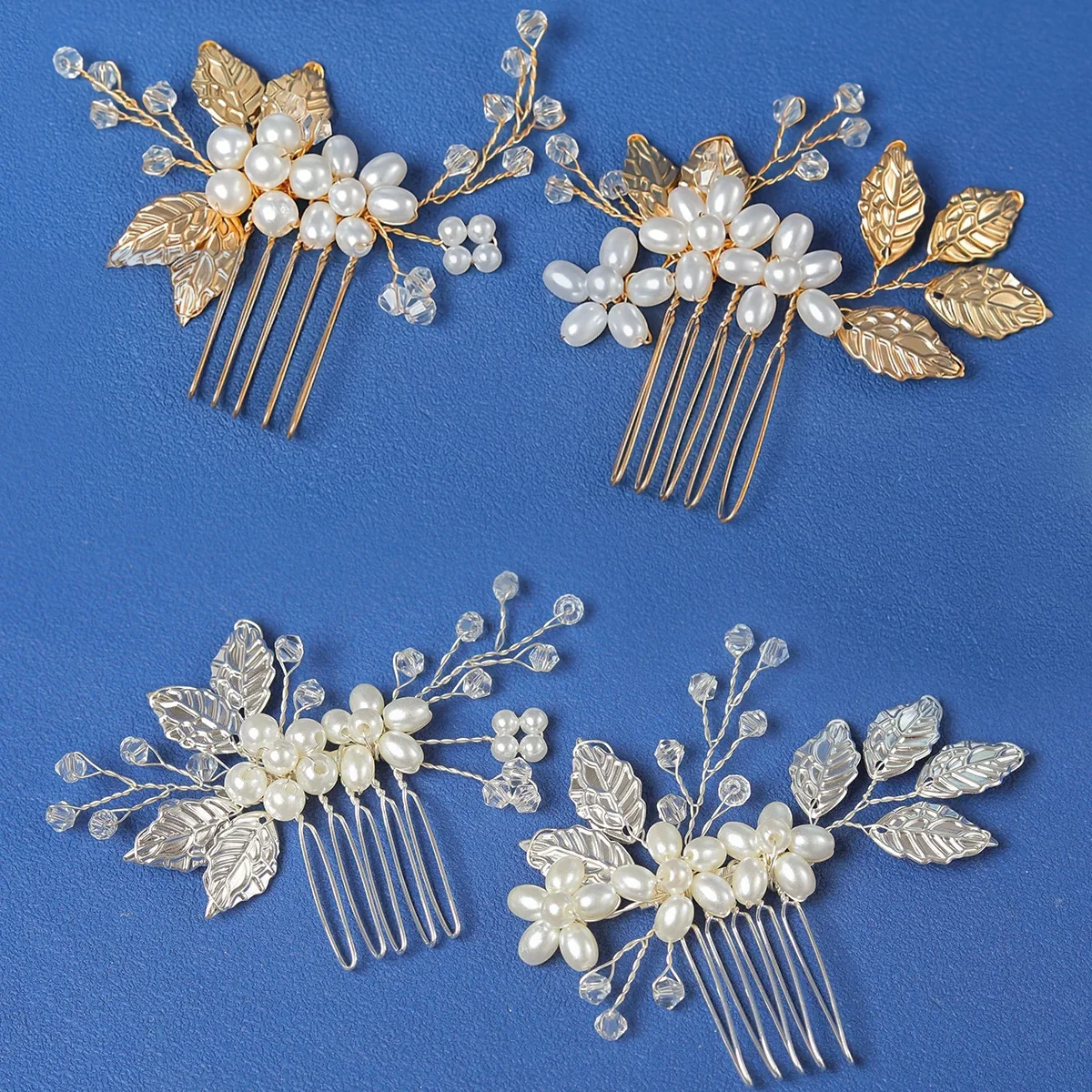 

Свадебный головной убор, золотистый/серебристый цветок ручной работы, жемчуг, волос, головной убор, вставка, расческа, ювелирные изделия, 2 шт.