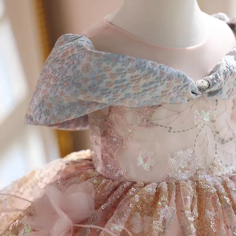 高級アラブフラワーガールドレス膝丈レース子供プリンセス誕生日結婚式パーティー子供休日イブニングドレス J539