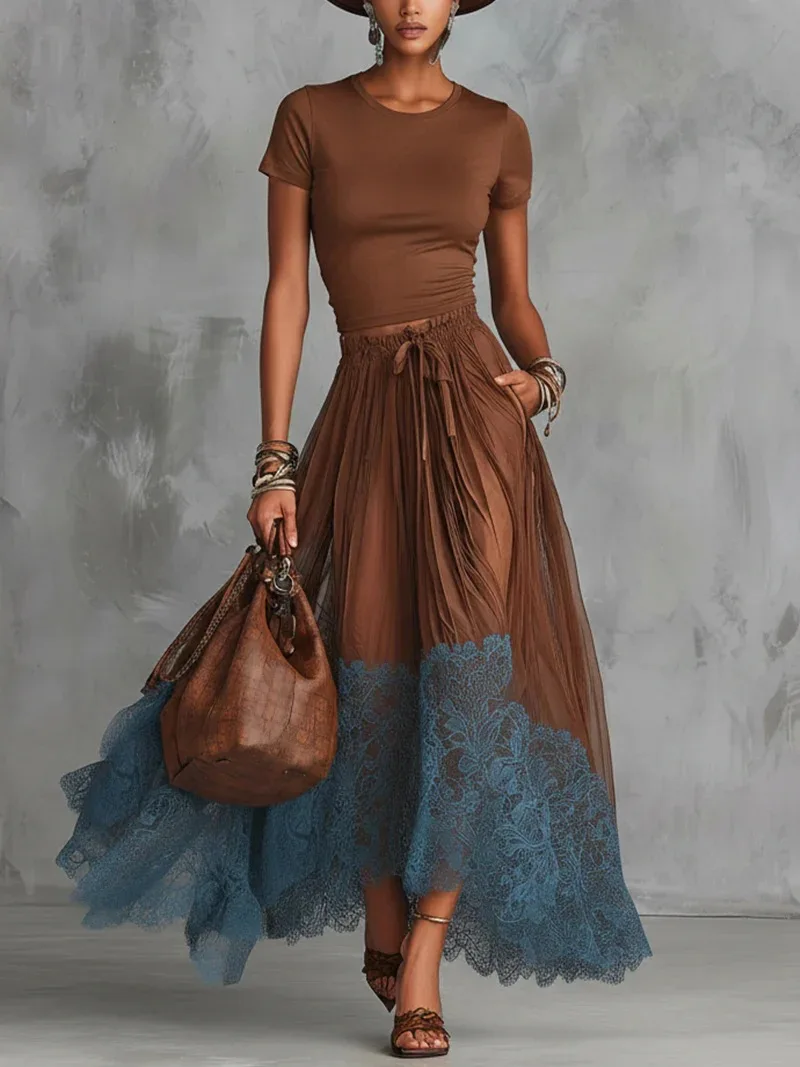 

Women's Chic Two Piece Maxi Dress Set Solid Slim Fit Short Sleeve Top Lace Splice Drawstring High Waist Skirt with Elastic