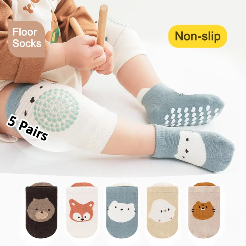5 Pairs Kids Non-slip Socks Cute Cartoon Bear Fox Patterned Boys and Girls Comfy Breathable Baby Toddler Floor Socks