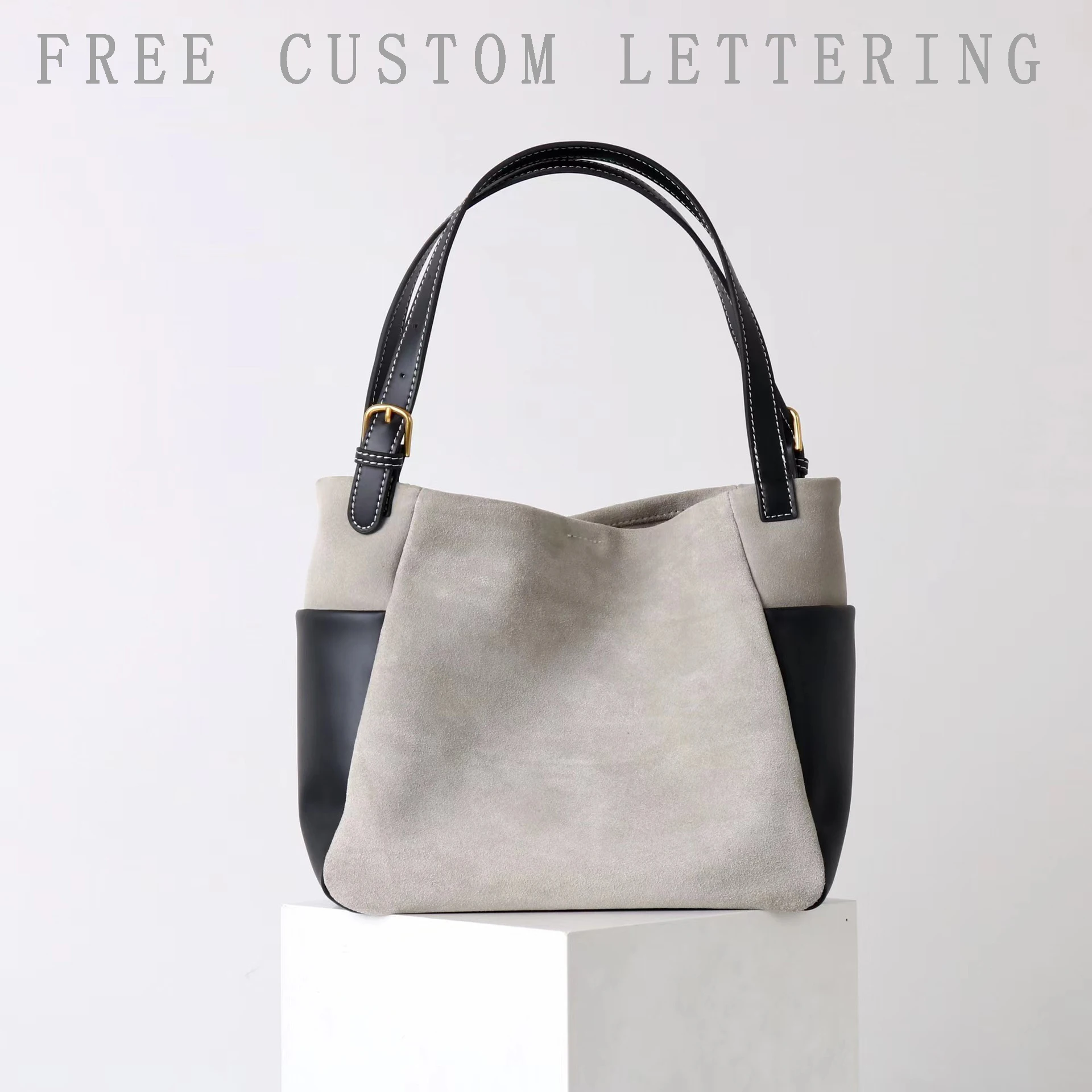 

Suede spliced cowhide bucket bag 2025 new niche design vintage one-shoulder crossbody bag fashionable ladies hand tote bag