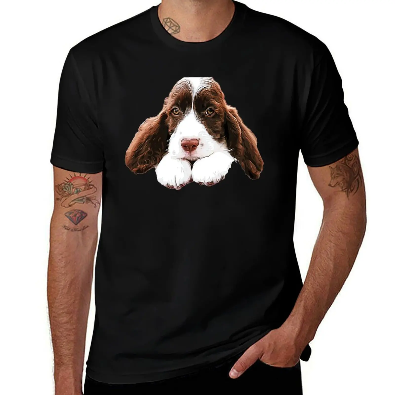 Springer Spaniel Cute Puppy Paws T-Shirt Basic Casual Wear Short Sleeve Top T-Shirt
