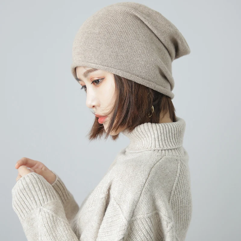 Women 30% Cashmere Beanies Simple Solid Caps Rolled Hem Hat Blends Soft Thin Knit Hat Wool Winter Spring Warm Sleep Hair Bonnet