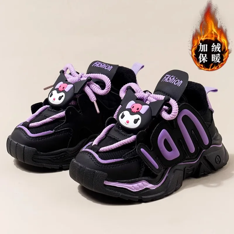 Kuromi-zapatos para niños, zapatillas de deporte para niñas, Sanrios, dibujos animados Kawaii, terciopelo para invierno, mantener el calor, suela gruesa antideslizante, versátil