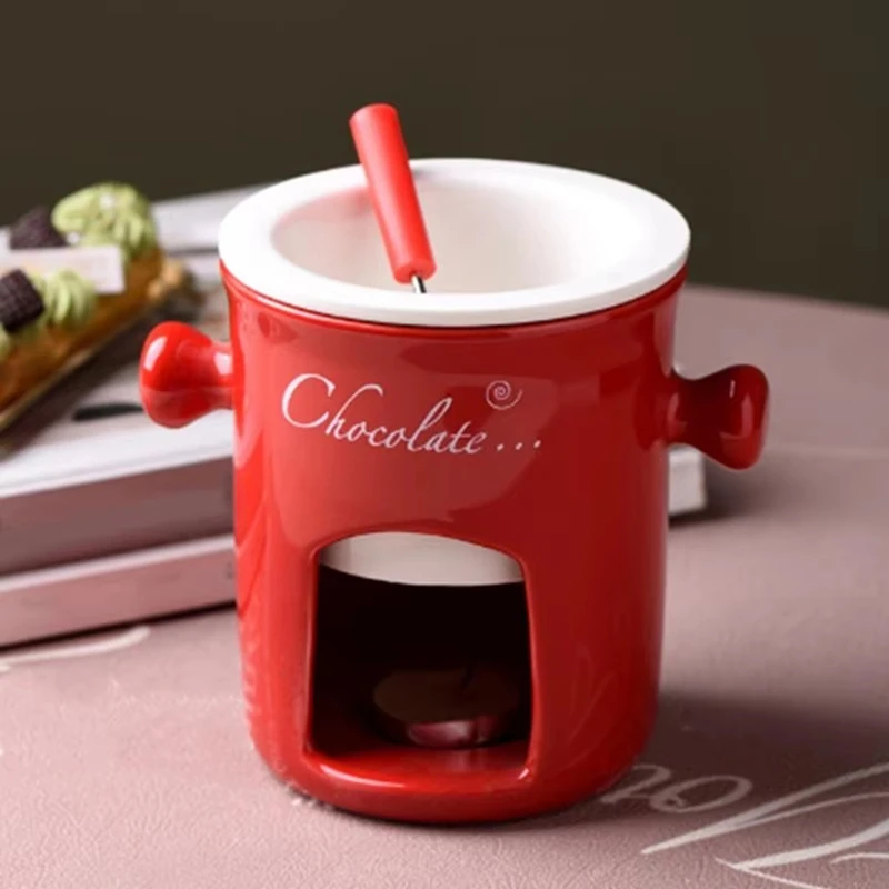 Fondue Mug Ceramic Chocolate Melting Fondue Pot Chocolate Fondue Mugs Snack Candy Chocolate Melter Pot White-A46I