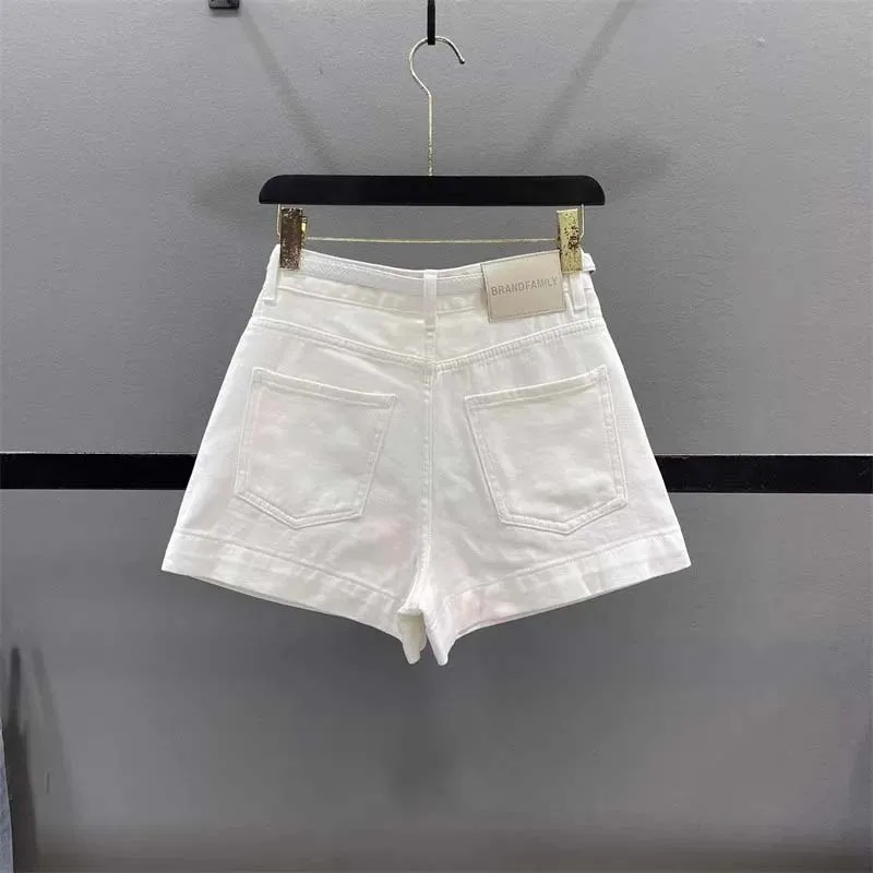 2026 Summer White Embroidered Flowers Design Denim Shorts Pants Female High Waist Slim Casual Joker A Wide-leg Shorts Ladies