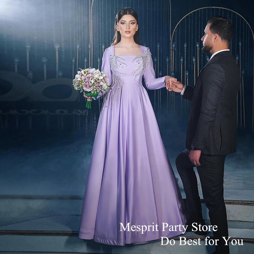 

Fashion Evening Dress Long Sleeve Square Neck Beading Sequined Lilac Prom Gown Floor Length A Line Saudi Arabian Party Dresses