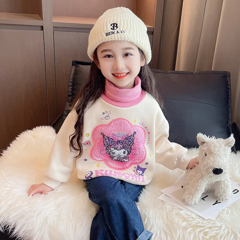 Sanrio autumn and winter Kulomi cute children's warm long-sleevedtop cartoon fleece cold-prooffashion turtleneck bottoming shirt