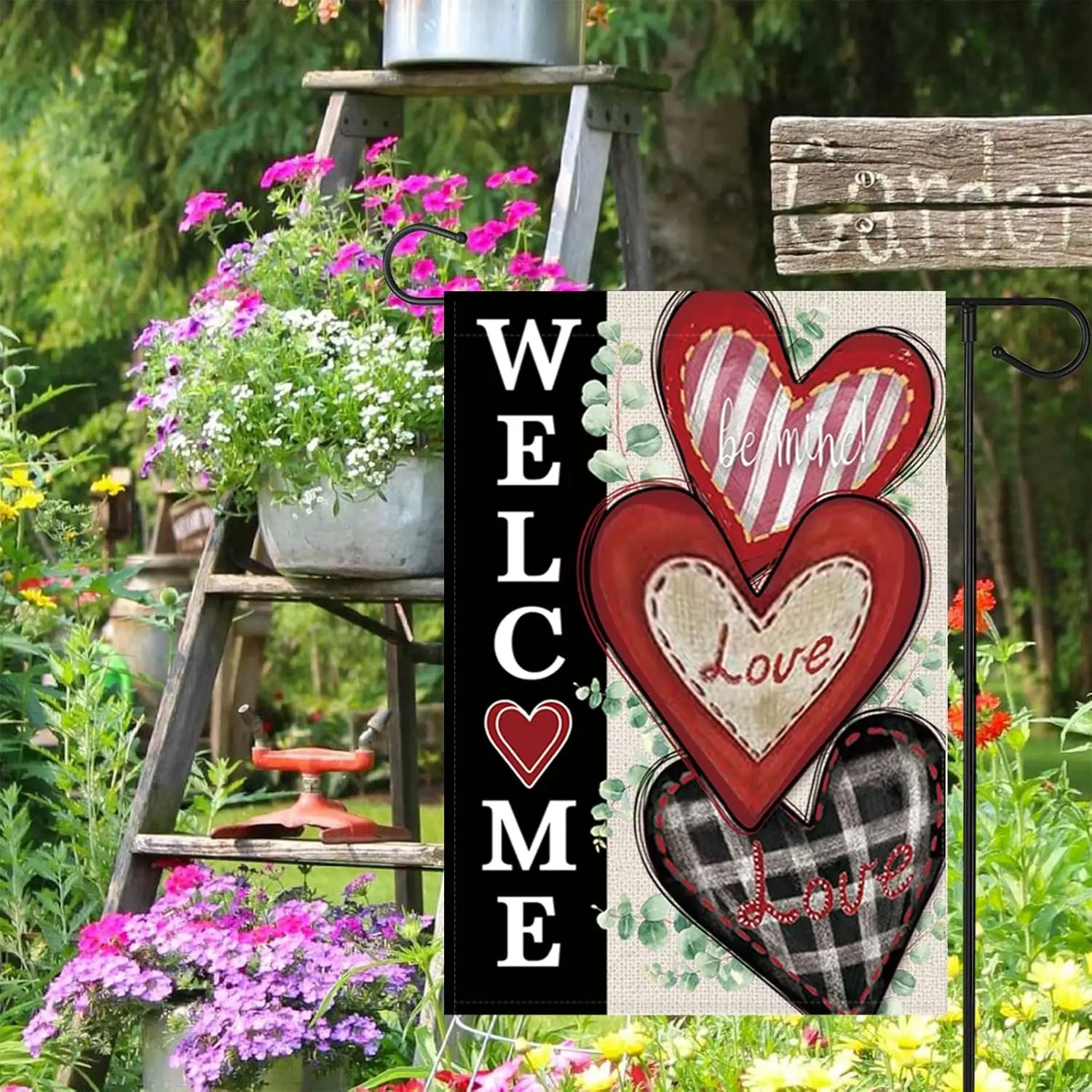 Valentines Day Hearts Garden Flag 12x18 Inch Outside Double Sided, Small Welcome Burlap Love Heart Tree Rustic Anniversary Weddi