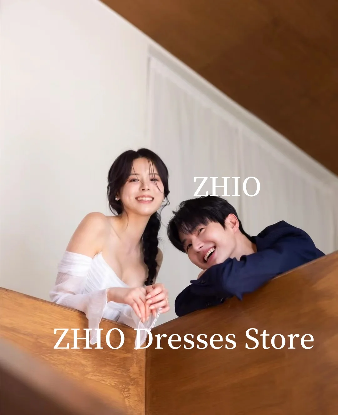 ZHIO Elegante Hochzeits-Party-Kleider, A-Linie, schulterfrei, Illusionsärmel, Abend-Brautkleid, Korea, Fotoshooting, individuell gestaltet