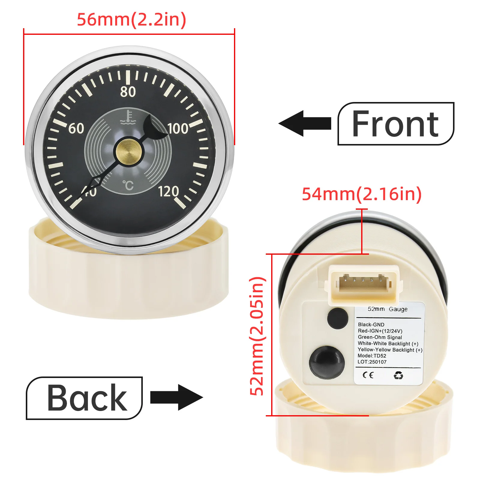 Retro 52mm Water Temperature Gauge 40-120℃ Pointer Meter 1/8 NPT Water Temp Sensor Universal for 12V 24V Car Boat Yacht Custom