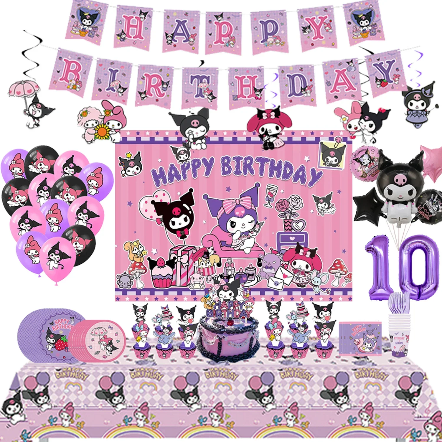 Kuromi Birthday Party Decoration Hot Sanrio Cartoon Banner Cake Topper Decorative Number Balloon Set Baby Shower Supplies Gift