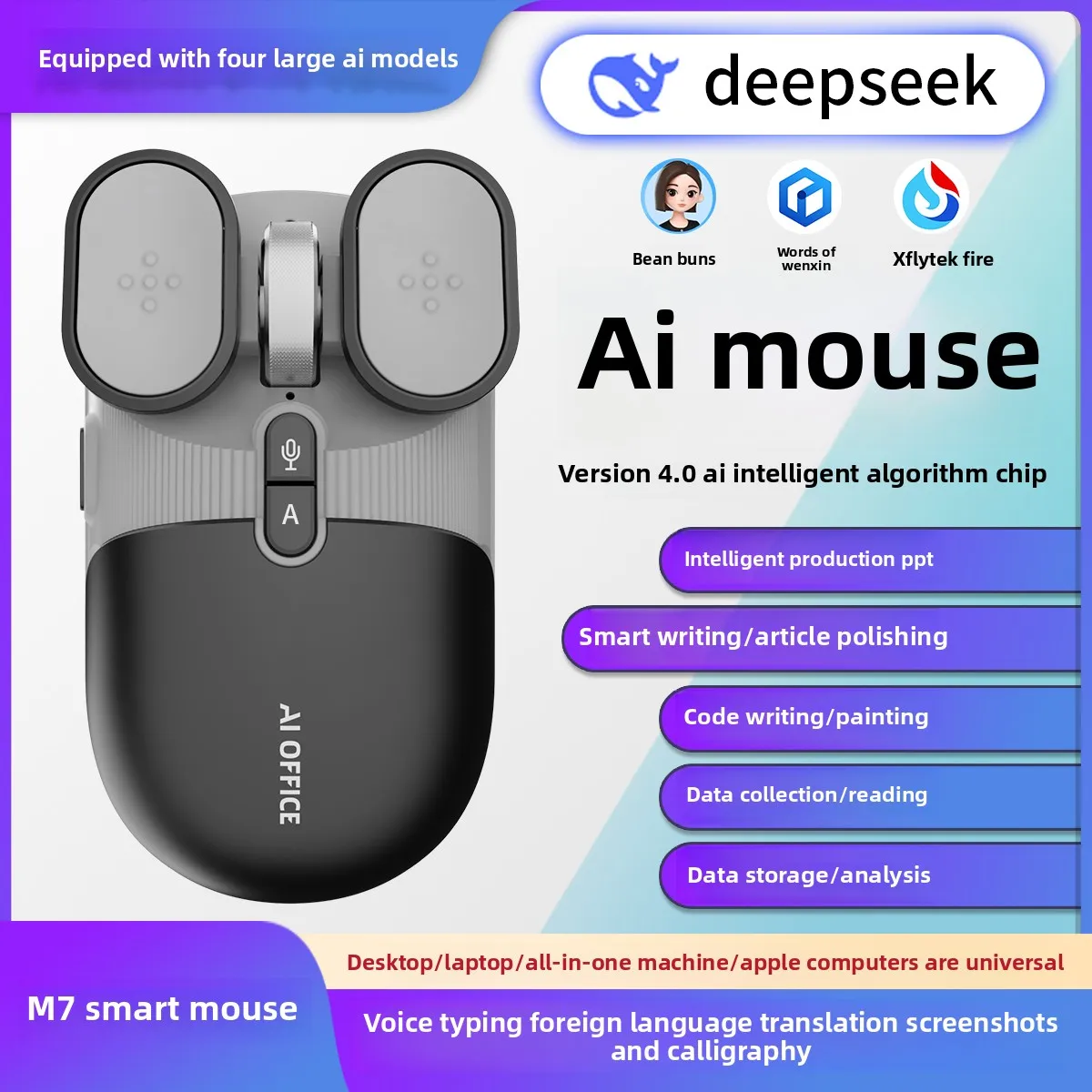 

AI Rechargeable Silent Wireless Mouse 2.4G/Bluetooth 1600 DPI 6 Keys Backlit with AI Deepseek Chat Feature for Computer Gaming