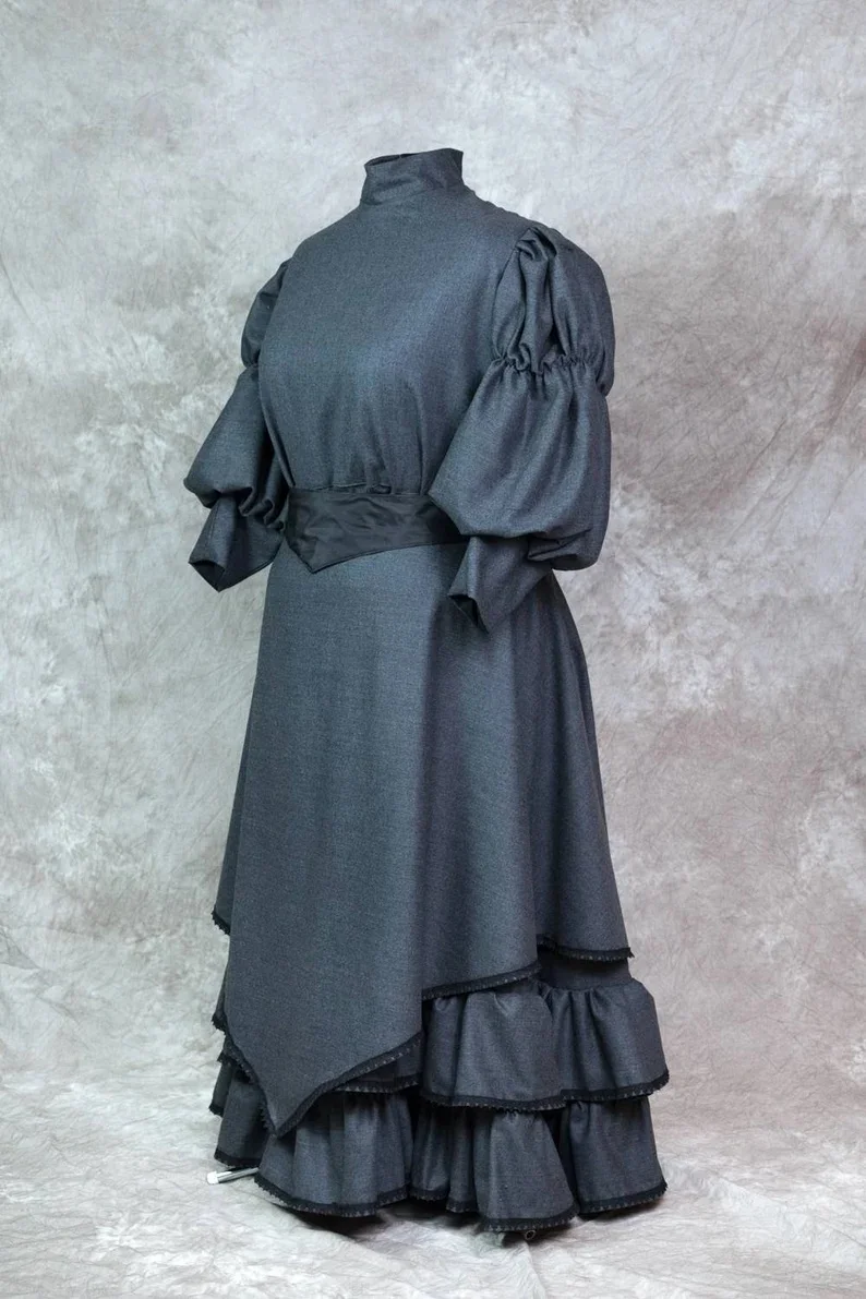 زي الحداد التاريخي الفيكتوري الإدواردي دوقة القوطية فستان المشي الأسود الحرب الأهلية جنوب حسناء الروكوكو الكرة ثوب