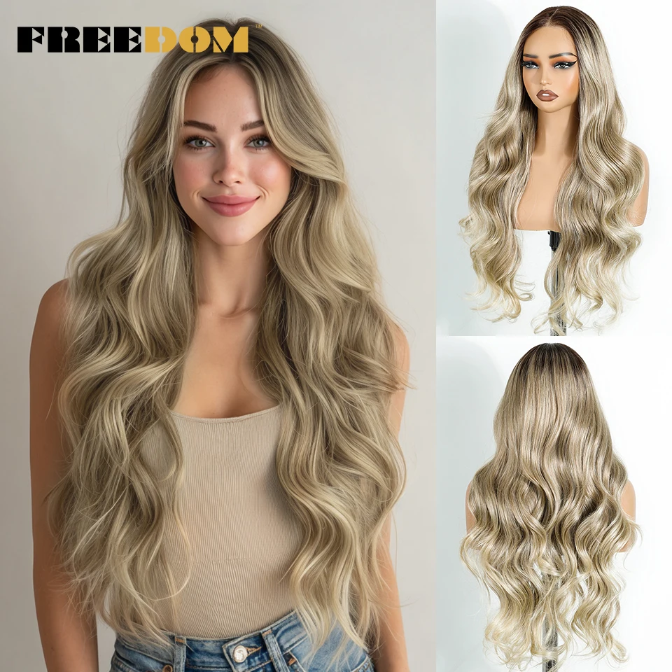 

FREEDOM Synthetic Lace Front Wigs For Woman Body Wave Ombre Brown Blonde 6x4 Pre Plucked Pre Cut Wear and Go Glueless Lace Wig