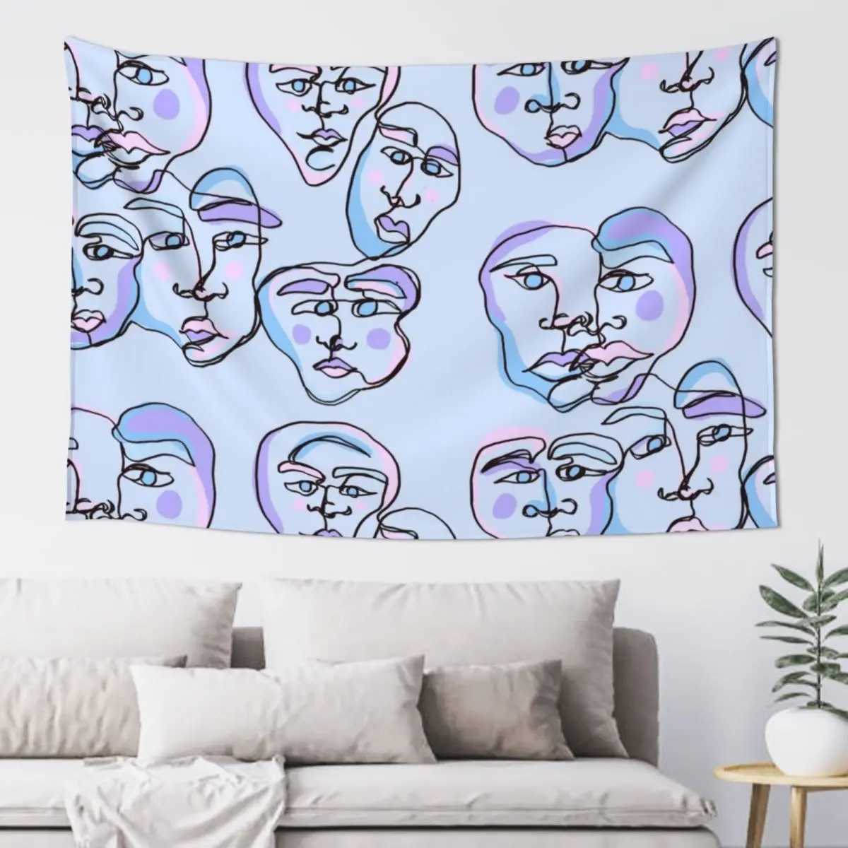 

lavendar doodle face line art Tapestry Aesthetics For Room Decoration Wall Room Decoration Korean Style Decor Home Tapestry