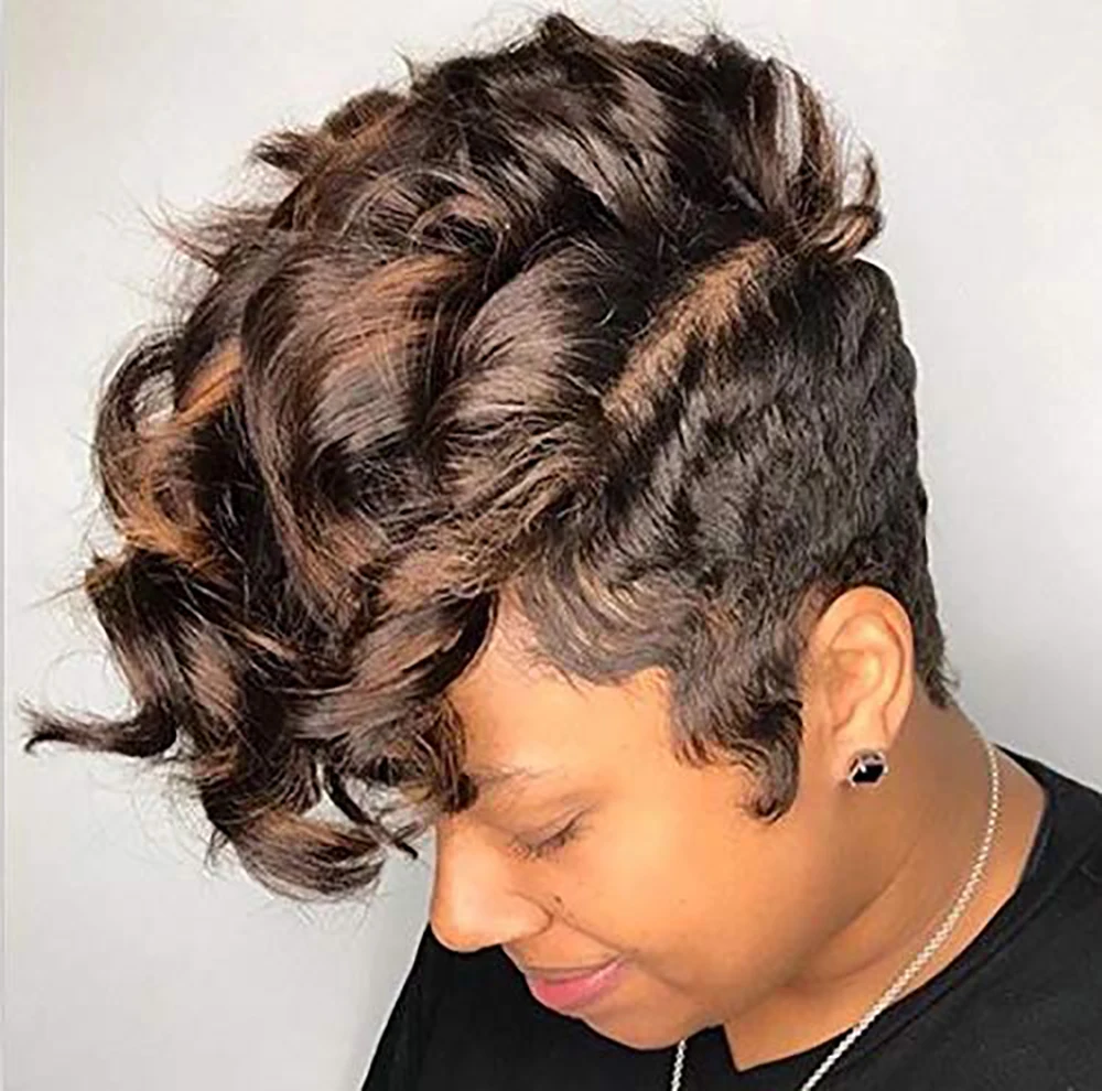 Nicelatus Synthetic Ombre Brown Hair Wig Short Pixie Cut Wigs with Wavy Bangs Short Wigs for Black Women