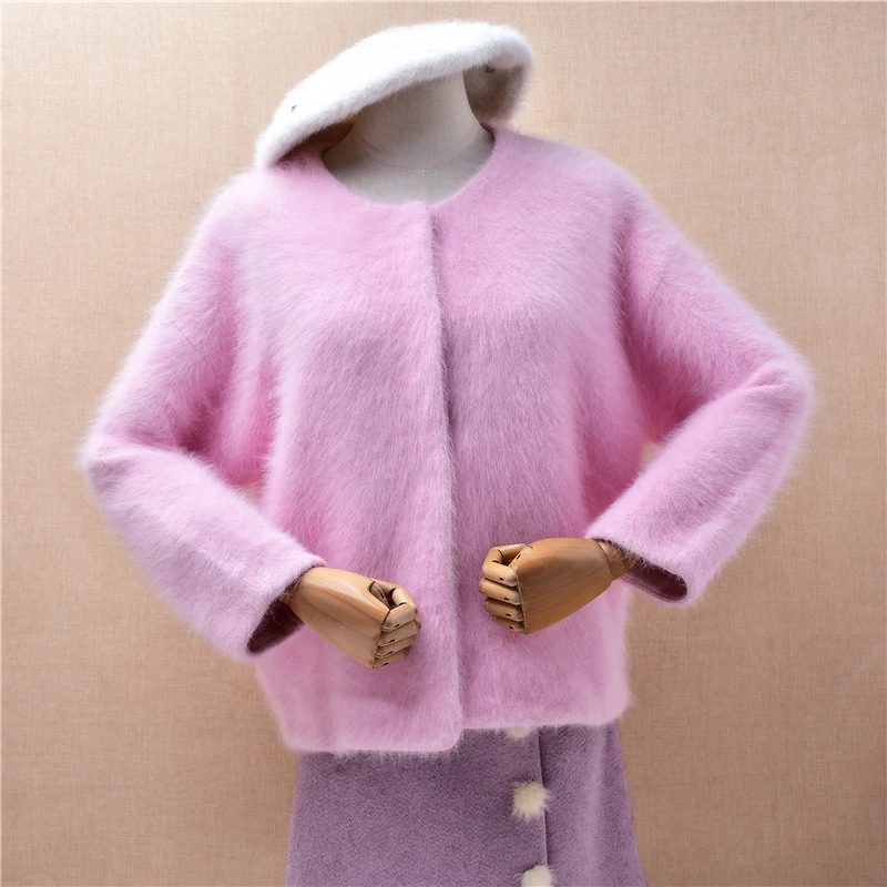 

Women Mujer Autumn Winter Thick Warm Fashion Pink Mink Cashmere Knitted Long Sleeves Short Style Loose Cardigans Sweater Jacket