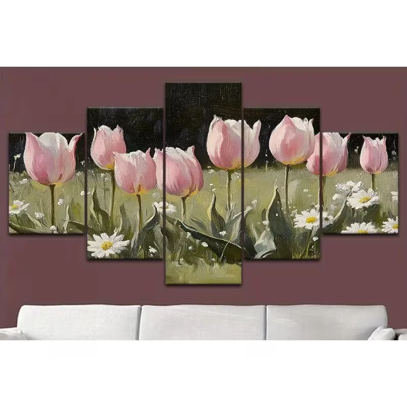 5pcs Frameless Elegant Pink Tulip Canvas Art with- High-Quality Wall Decor for Living Room, Bedroom, Office, Bar - Vibrant Flora