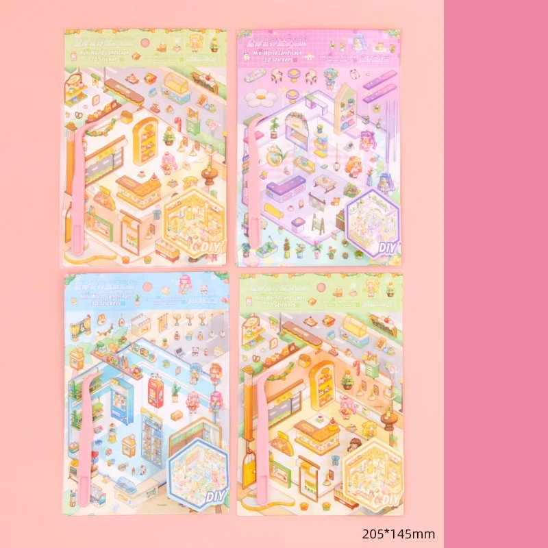 Cartoon Landschaft Aufkleber Nette 3D Miniatur Haus Handgemachte DIY Dekompression Landschaft Zelt Aufkleber Malerei