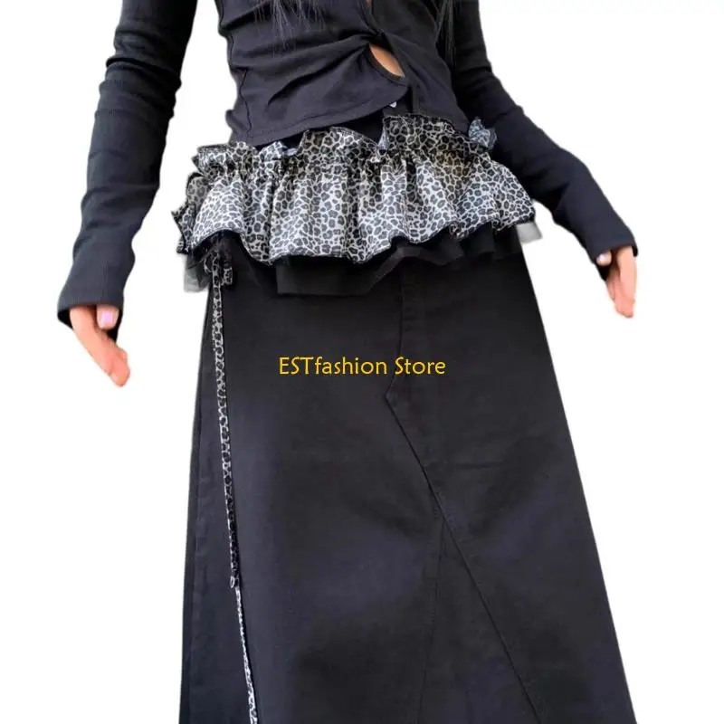 Y5GC Ruffled Elastic Skirt Extender Leopard Print Mesh Layer Street