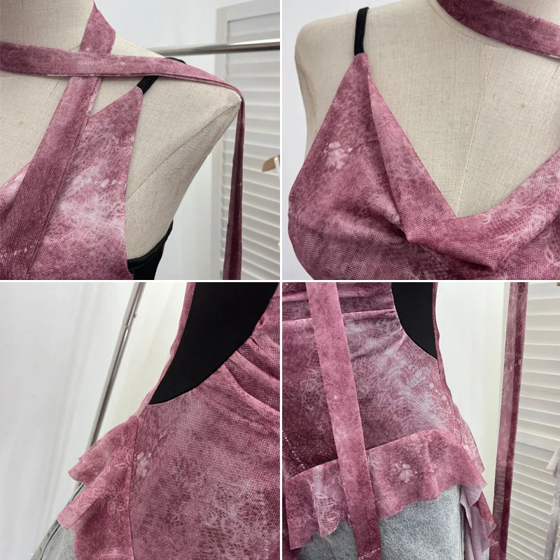 女性ニッチシックな揺れ襟不規則なリボンベストセクシーな背中の開いたスリムフィットホルターネックショートキャミソールトップカジュアルストリート 8017