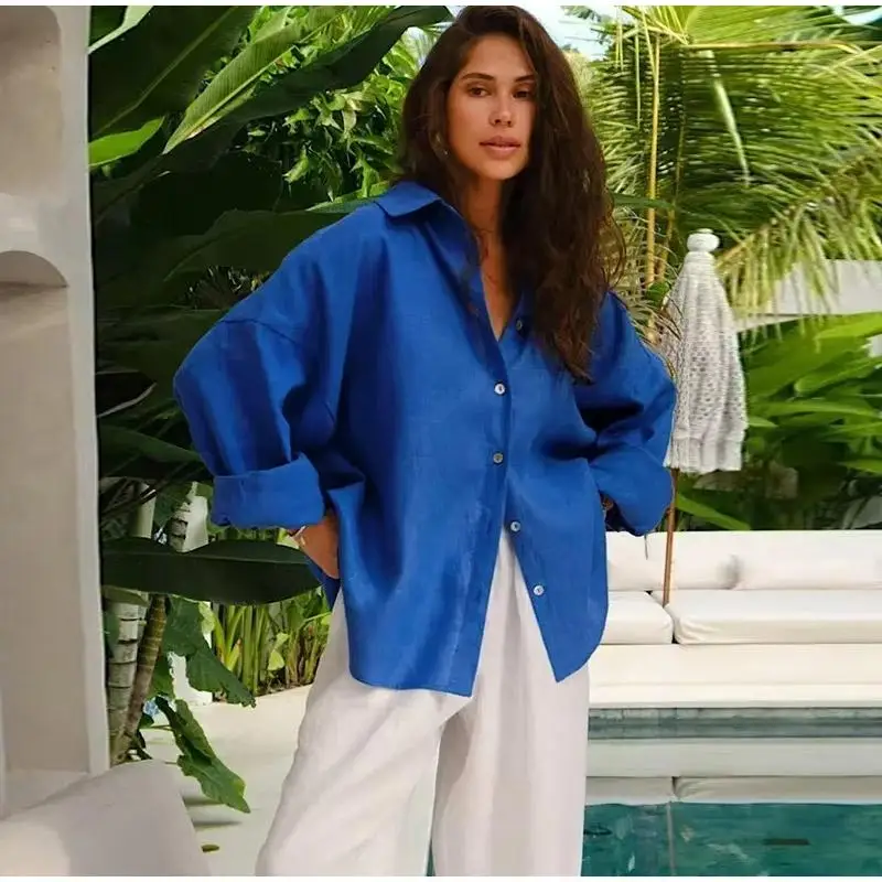 Chemise ample en coton et lin pour femmes, chemisier élégant rose surdimensionné, haut à revers à manches longues, mode printemps été