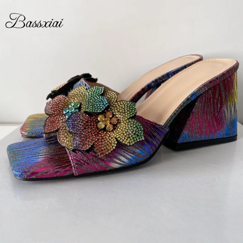 Colorful Rhinestone Flower Summer Mules For Girls Square Toe Slingbacks High Heel Sandals Women