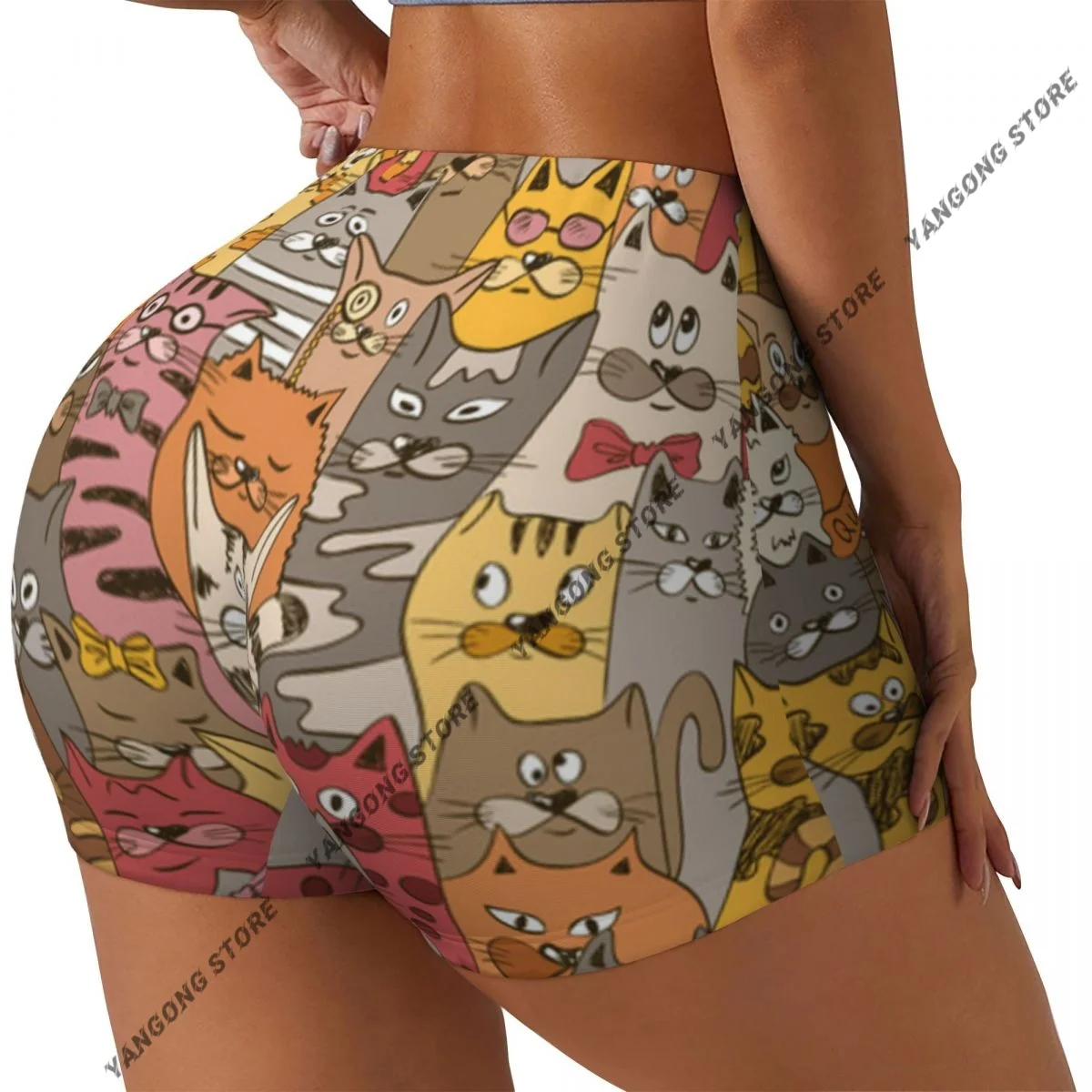 Yoga Shorts Psychedelic Funny Cats Abstract Background Women Biker Tight Elastic Workout Sports Leggings Sportswear