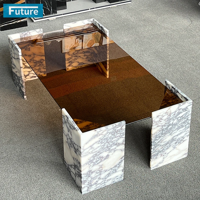 Luxury Royal Style Modern Acrylic Top Coffee Table Tea Table With Calacatta Viola Marble Leg for Livingroom Villa Hotel Decor