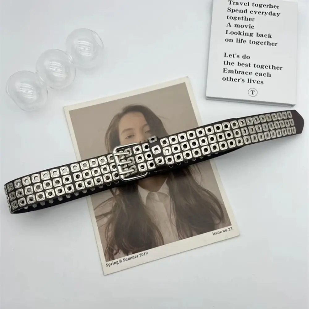 

Trendy Metal Buckle Rivet Belt PU Leather Punk Style Waist Chain Hollow Out Waistband For Men And Women