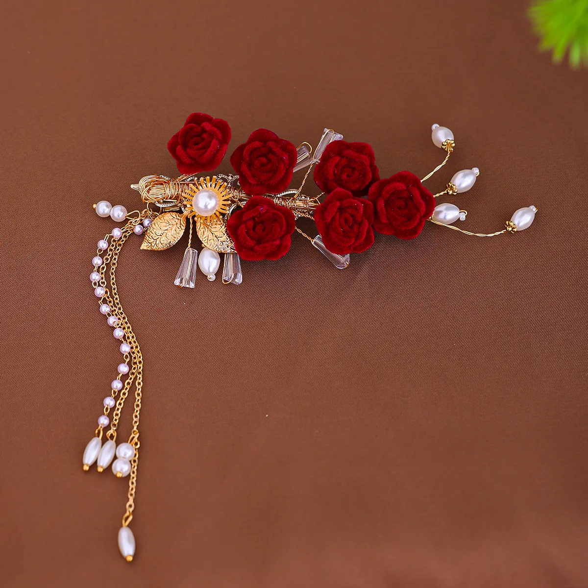 Red Flower Tassel Hairpin Chinese Traditional Style Side Hair Clip Girls Fairy Headdress Wedding Bride Hair Jewelry Wholasale